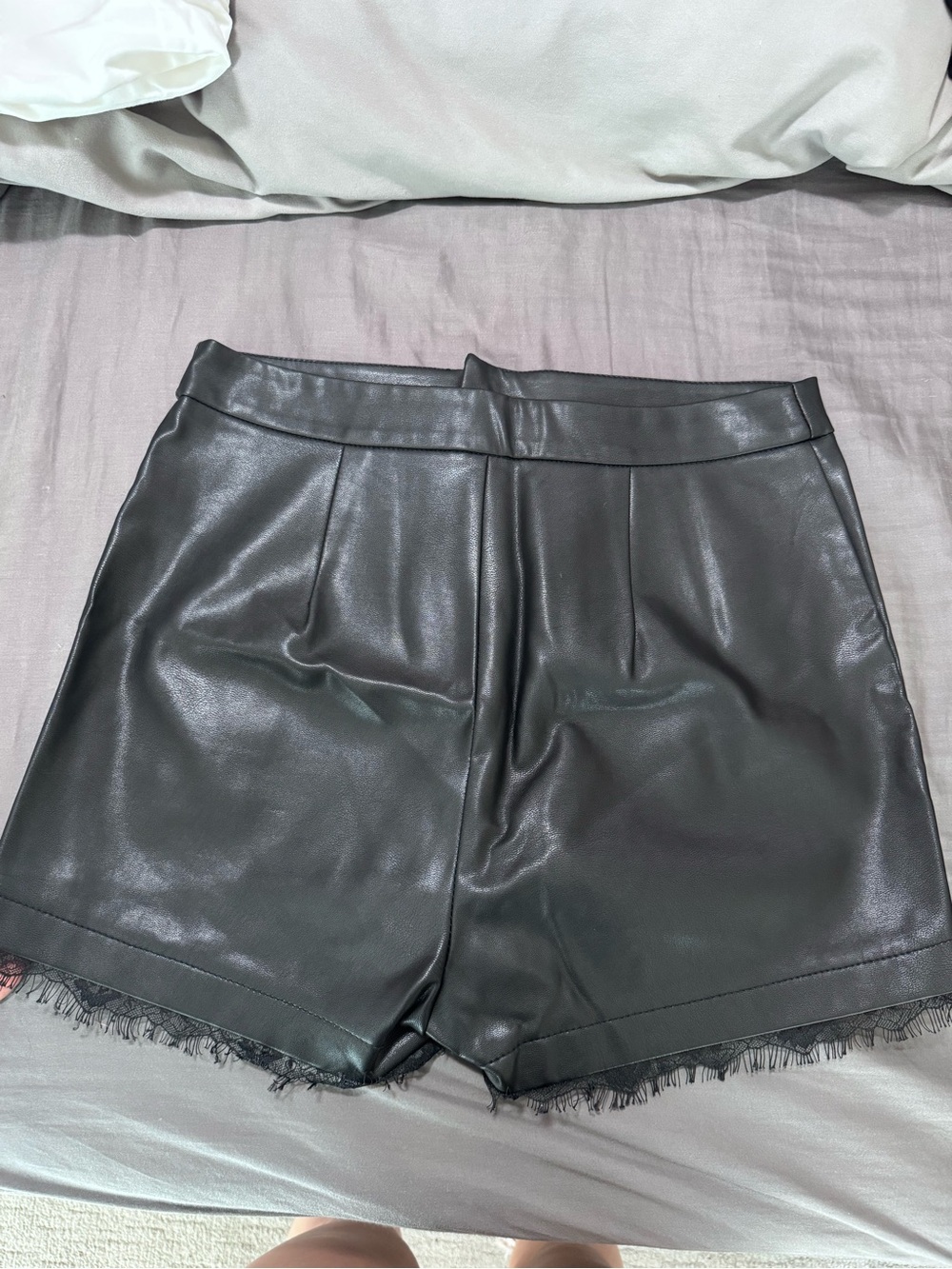 superdown Black Faux Leather High-Waist Shorts with Lace Trim
